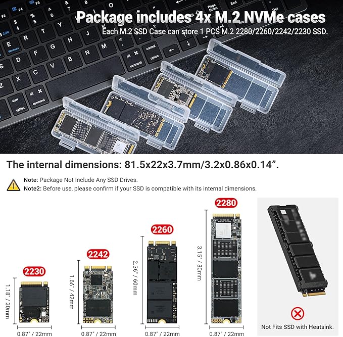 4 Pack Clear Plastic M.2 2280 2260 2242 2230 SSD Case, Portable M.2 NVMe 2280 SSD Holder Protective Box Storage with Label, Individual M.2 Drive Storage Case Anti-Static & Shockproof