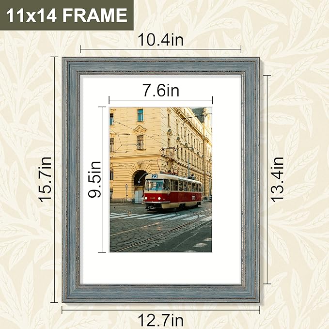 Vittanly 11x14 Picture Frame Set of 4, Vintage Photo Frame for Wall Mount, Display 8x10 Pictures with Mat or 11x14 without Mat, Rustic Farmhouse Home Decor, Vintage Blue