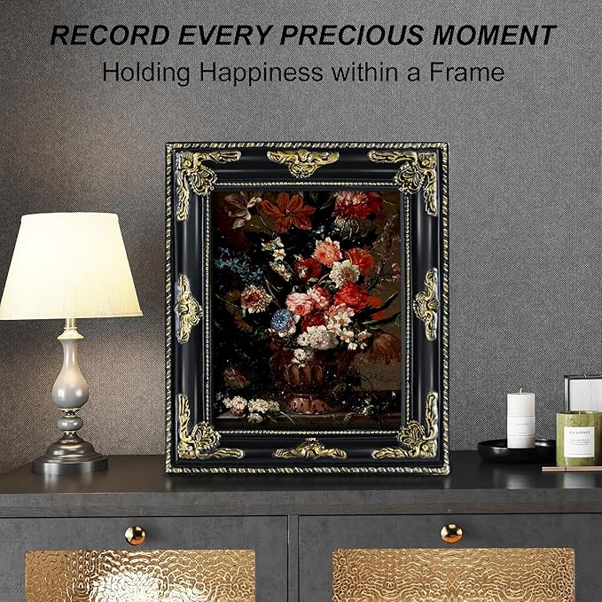 8x10 Black Vintage Picture Frame Ornate Baroque Gothic Victorian Frames with Mat for 5x7 or 8 x 10 Photos, Tabletop or Wall Display, Antique Home Decor Accent
