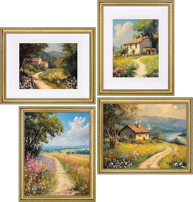 eletecpro 11x14 Picture Frames Set of 4, Vintage Photo Frame with Glass Cover, Gold Frames 11 x 14 Display 8x10 Photo with Mat or 11x14 without Mat for Tabletop or Wall Decor, Gold