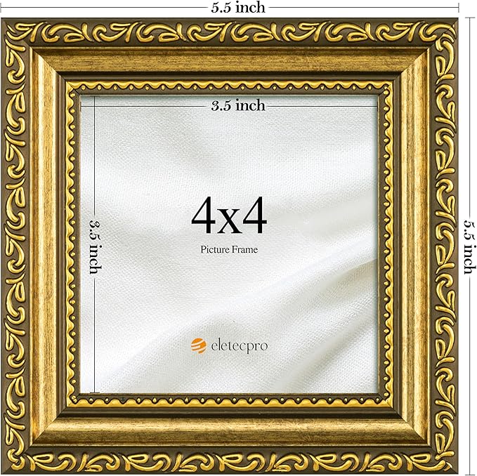 eletecpro 4x4 Picture Frames Set of 4, Ornate Frames with Glass Cover, Vintage Gold Photo Frame Displays 4x4 Photo for Tabletop, Gold