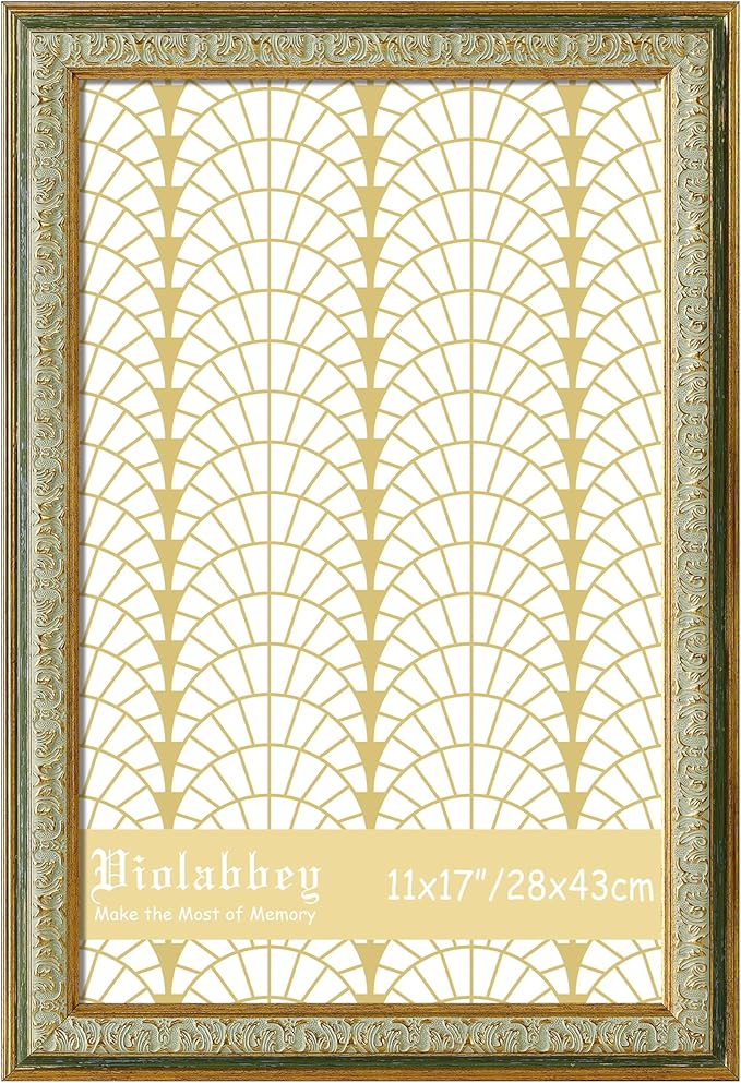 VIOLABBEY 11x17 Picture Frame Green, Vintage Photo Frames Ornate without Mat for Wall Hanging