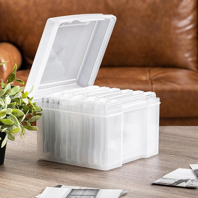 IRIS USA 5" x 7" Photo Storage Box Craft Keeper, Transparent Protection Container with 6 Organization Holder Cases for Pictures, Tasks, Scrapbooking, Ephemera, Stationery Storage, Clear