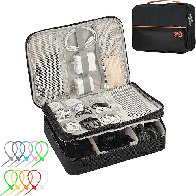 Electronics Accessories Organizer Bag, Waterproof Double LayerTravel Cable Organizer Case for Cords, Charger, Power Bank,Hard Drive, Mouse -Shockproof Tech Storage Pouch (Classic-two layers-Black)