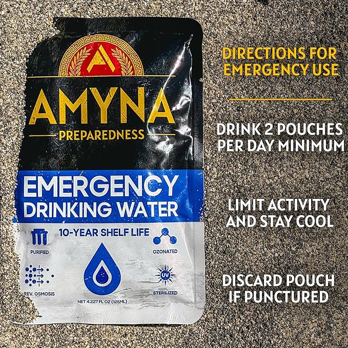 Emergency Drinking Water Pouches (96) 10-Year Shelf Life - Individual Survival Water Ration Packets for Disaster Preparedness - 4.227 fl oz / 125 ml - Made in USA