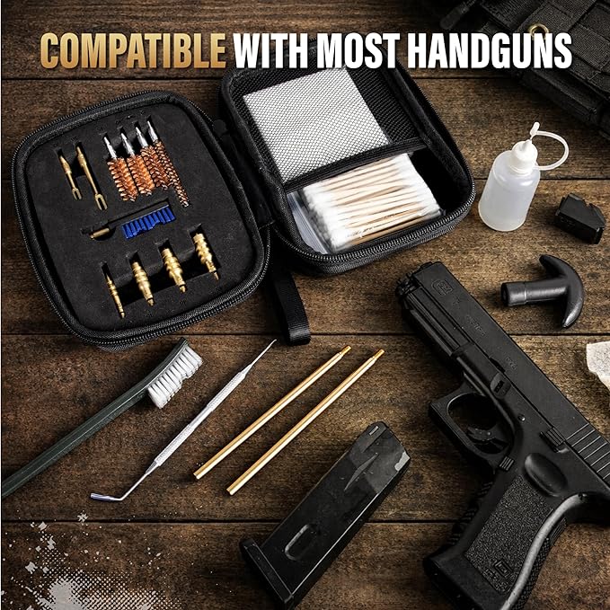 GLORYFIRE Gun Cleaning Kit Fits .22 .357/9mm .38 .40 .45 Cal Universal Handguns & Pistols Compact Carrying Case for Portability Multiple Styles with Brass or Plastic Jags & Tips for Shooting and Range