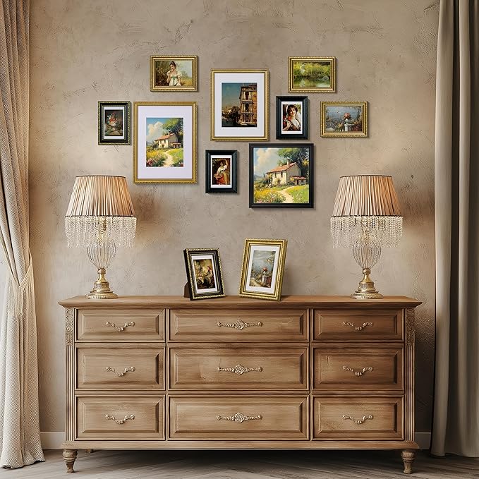 eletecpro 12x12 Picture Frames Set of 4, Vintage Frame with Glass Cover, Rustic Photo Frames 12 x 12 Display 8x8 Photo with Mat or 12x12 without Mat for Home Wall Decor, Black