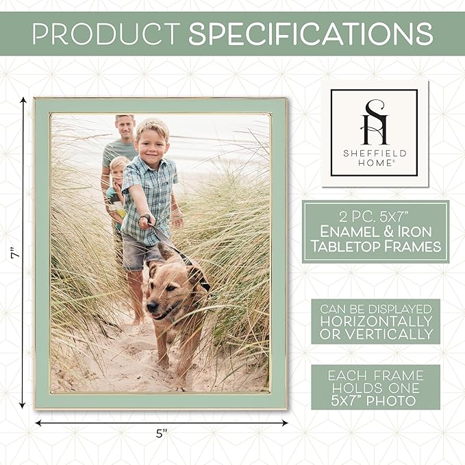 Sheffield Home Tabletop Picture Frame – Iron Enamel Decorative Display Frame for Home or Office, 5x7 Inch, Mint
