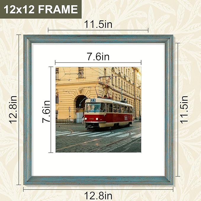 Vittanly 12x12 Picture Frame Set of 4, Vintage Photo Frame for Wall or Tabletop, Display 8x8 Pictures with Mat or 12x12 without Mat, Rustic Farmhouse Home Decor, Blue