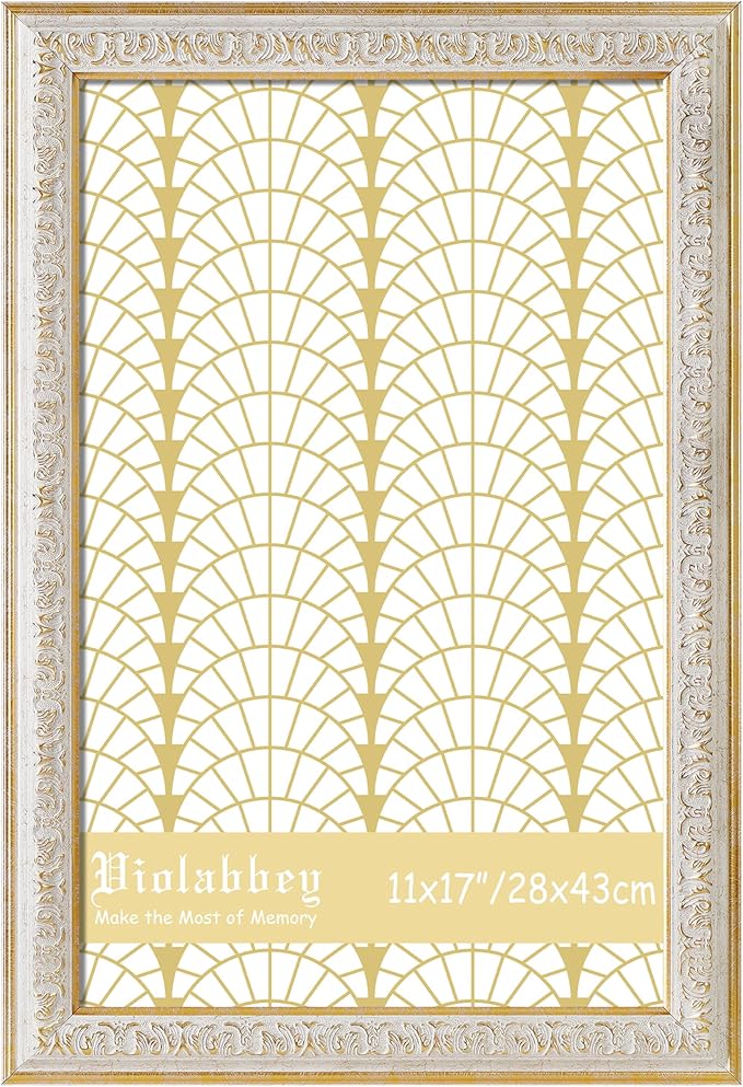 VIOLABBEY 11x17 Picture Frame White, Vintage Photo Frames Ornate without Mat for Wall Hanging