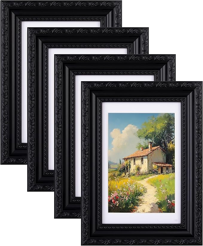 eletecpro 4x6 Picture Frames Set of 4, Gothic Frame with Glass Cover, Ornate Vintage Black Photo Frames 4 by 6 Display 3.5x5 Photo with Mat or 4x6 without Mat for Tabletop or Wall Decor, Black