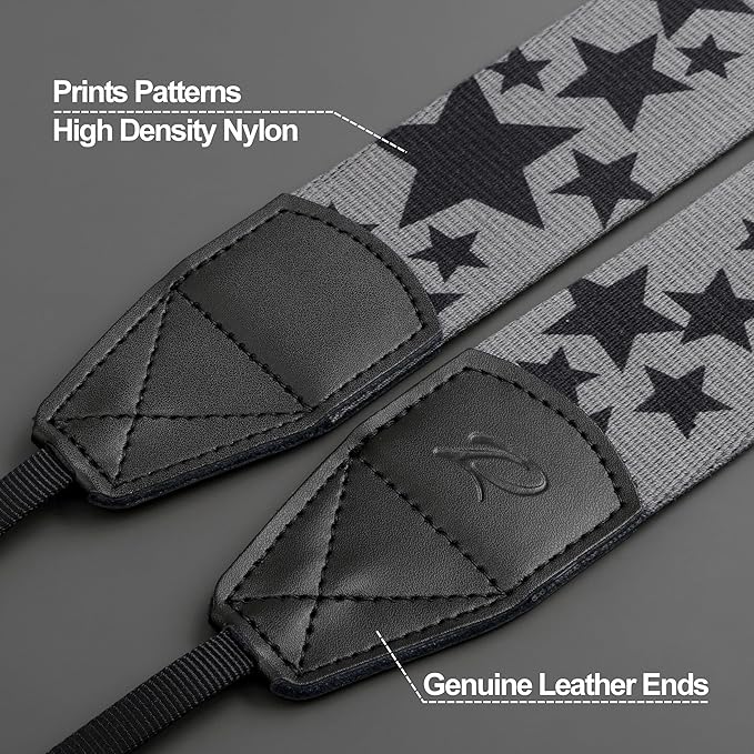Padwa Lifestyle Pentagram Camera Strap - 2" Wide Genuine Leather Ends Camera Straps for Photographers, Vintage Five-Pointed Stars Print Nylon Weave Strap with Camera Quick Release fits All Cameras