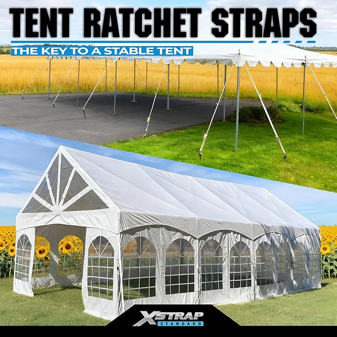 XSTRAP Standard 4PK 1" Ratchet Tent Straps with Loop End - Heavy Duty 2500lbs Breaking Strength, Secure Tents & Canopies for Camping/Events, 12ft Tie Down Straps, Durable Polyester Webbing