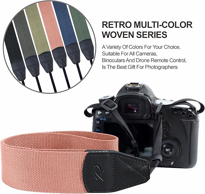 Padwa Lifestyle Pink Camera Strap - 2" Wide Cotton Woven Genuine Leather Head Camera Straps,Complimentary 2 Pcs Quick Release Clips for All DSLR/SLR Cameras, Binoculars and Drone Remote Control