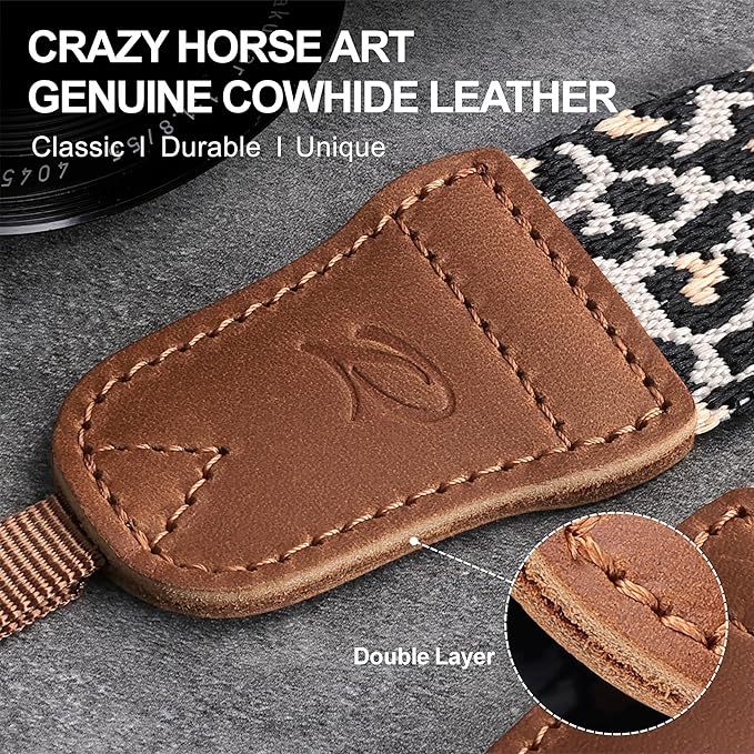 Padwa Lifestyle Camera Strap - 1.5" Crazy Horse Cowhide Head Cotton Strap,Vintage Embroidery Camera Straps for Photographers and All Cameras,Cute Adjustable Shoulder Neck Strap for Adults & Kids