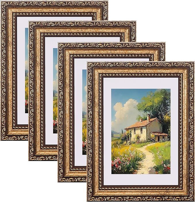 eletecpro 5x7 Picture Frames Set of 4, Gold Frames with Glass Cover, Vintage Photo Frame 5 by 7 Displays 4x6 Photo with Mat or 5x7 without Mat for Tabletop or Wall Decor, Bronze Gold