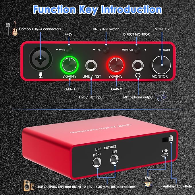 24Bit/192kHz USB Audio Interface with 48V Phantom Power - Studio Quality Recording for Musicians, Vocalists & Podcasters | Plug & Play | Works with Mac/PC & DAWs | Perfect for Home Studio & Streaming