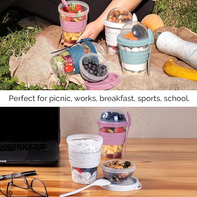 Crystalia 4 Pack 20 oz On The Go Yogurt Parfait Cups with Lids & Spoons, Reusable Yogurt Containers, Take and Go Cup with Topping Cereal or Oatmeal Container, New Colorful Set