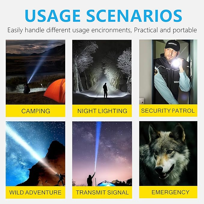10,000 High Lumens Rechargeable LED Flashlights, 70W High Power XHP360 Wick Super Bright Zoomable Tactical Flashlight with USB Output, Dual Powerd Large Size Flash Light for Emergency Camping Hunting