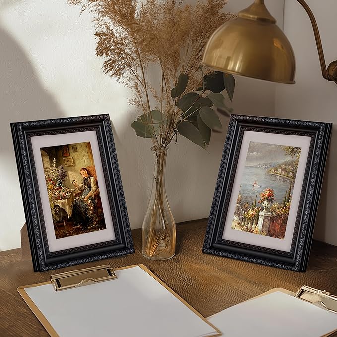 eletecpro 5x7 Picture Frames Set of 4, 5 x 7 Vintage Frames with Glass Cover, Gothic Photo Frame Displays 4x6 Photo with Mat or 5x7 without Mat for Tabletop or Wall Decor, Black