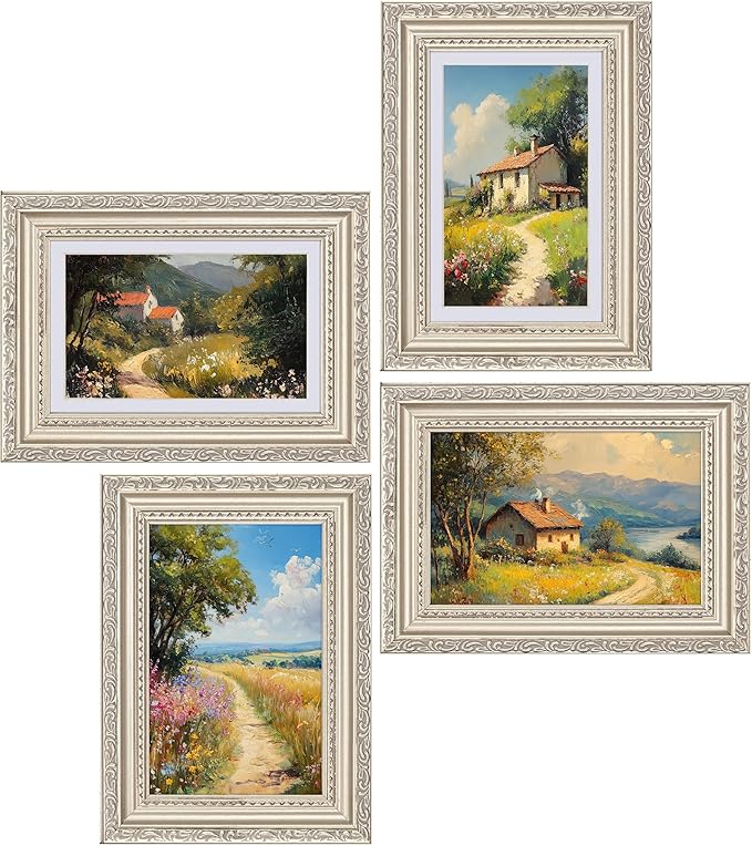 eletecpro 4x6 Picture Frames Set of 4, Vintage Frames with Glass Cover, Ornate Photo Frame Displays 3.5x5 Photo with Mat or 4x6 without Mat for Tabletop or Wall Decor, Silver Beige