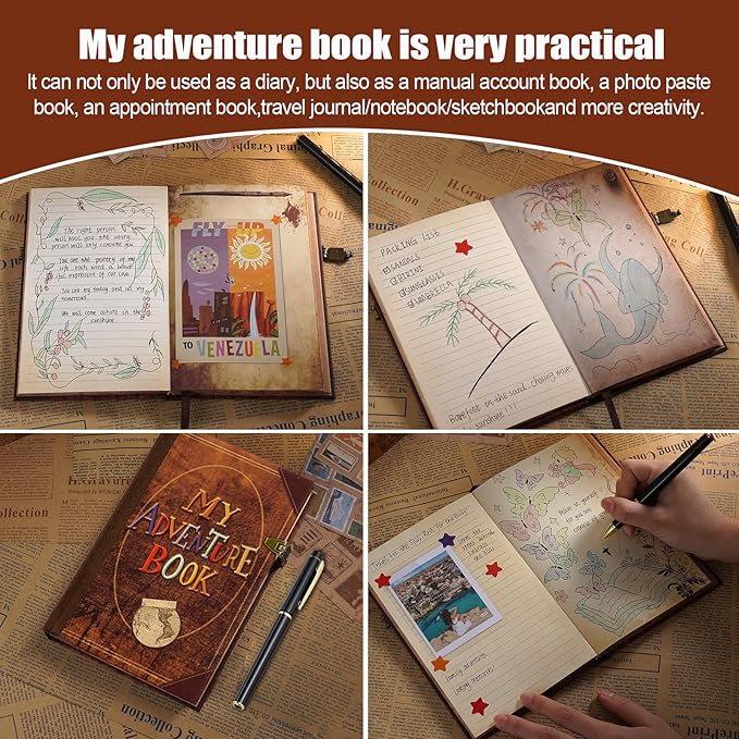 My Adventure Book Journal Scrapbook Album 164 Pages Retro Cowhide Cover Journal Travel Diary,3D Design DIY Handmade Travel Scrapbook Diary for Couples,Anniversary,Wedding,Valentines Day Gifts
