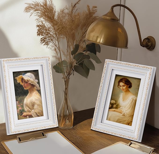 eletecpro 5x7 Picture Frames Set of 4, White Frames with Glass Cover, Vintage 5 x 7 Photo Frame Displays 4x6 Photo with Mat or 5x7 without Mat for Tabletop or Wall Decor, White
