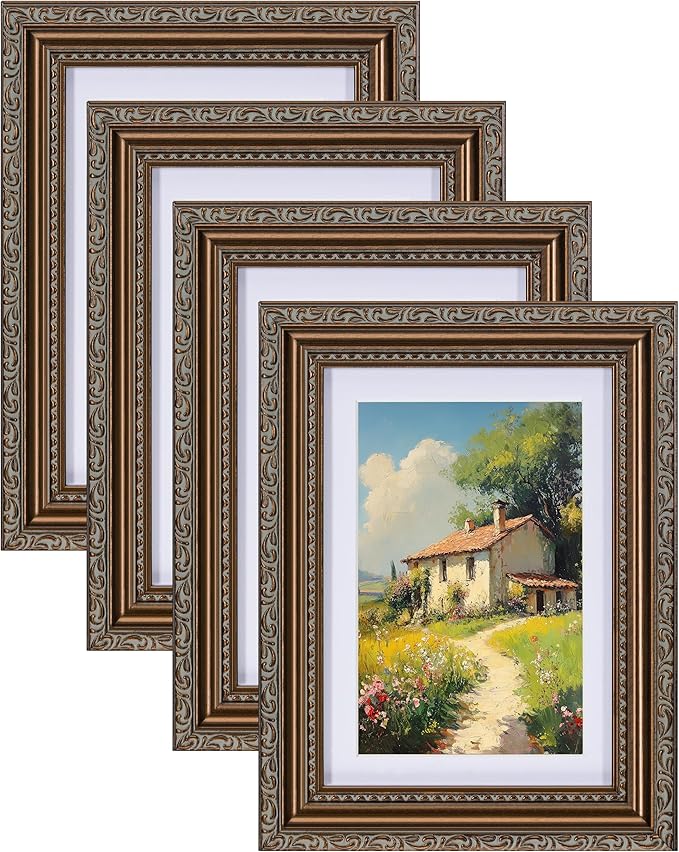eletecpro 5x7 Picture Frames Set of 4, Vintage Frames with Glass Cover, 5 x 7 Photo Frame Displays 4x6 Photo with Mat or 5x7 without Mat for Tabletop or Wall Decor, Bronze