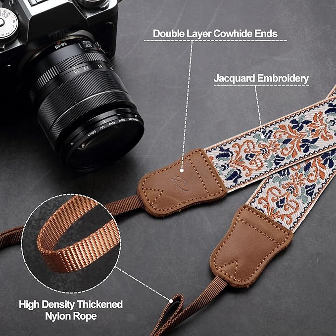 Padwa Lifestyle Camera Strap - 1.5" Crazy Horse Cowhide Head Cotton Strap,Vintage Embroidery Camera Straps for Photographers and All Cameras,Cute Adjustable Shoulder Neck Strap for Adults & Kids