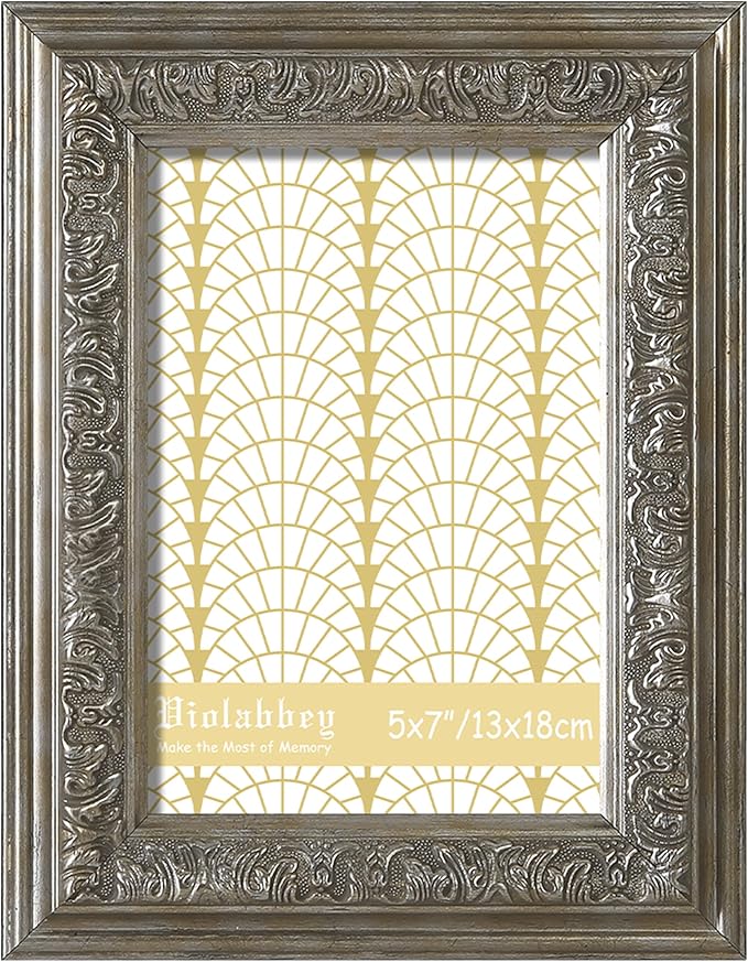 VIOLABBEY 5x7 Silver Picture Frame, Vintage Photo Frames Ornate without Mat for Tabletop or Wall Hanging