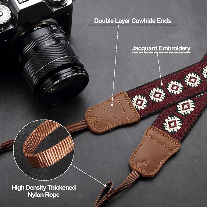 Padwa Lifestyle Camera Strap - 1.5" Crazy Horse Cowhide Head Cotton Strap,Vintage Embroidery Camera Straps for Photographers and All Cameras,Cute Adjustable Shoulder Neck Strap for Adults & Kids