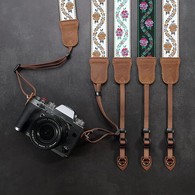 Padwa Lifestyle Camera Strap - 1.5" Crazy Horse Cowhide Head Cotton Strap,Vintage Embroidery Camera Straps for Photographers and All Cameras,Cute Adjustable Shoulder Neck Strap for Adults & Kids