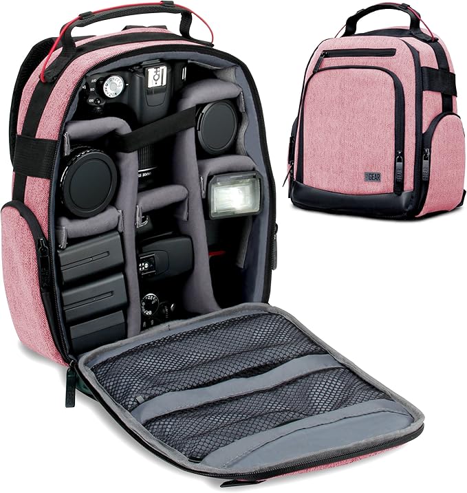 USA Gear Portable Camera Backpack for DSLR with Customizable Accessory Dividers, Weather Resistant Bottom and Comfortable Back Support - Compatible with Canon, Nikon, Sony, Fujifilm, and More (Red)