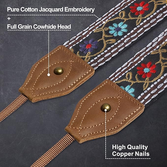 Padwa Lifestyle 2" Wide Classic Crazy Horse Art Cowhide Head Camera Strap - Jacquard Embroidery Floral Vintage Camera Straps for Photographers Gift, Adjustable Shoulder Neck Strap Fits DSLR Cameras