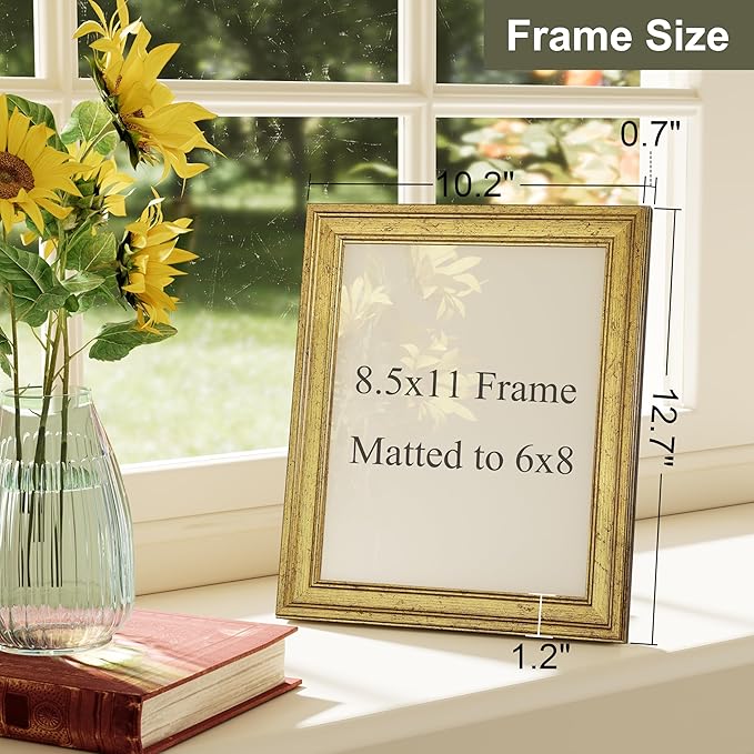 Vittanly 8.5x11 Picture Frame Set of 4, Vintage Photo Frame for Wall Mount, Display 6x8 Pictures with Mat or 8.5x11 without Mat, Rustic Farmhouse Home Decor, Gold