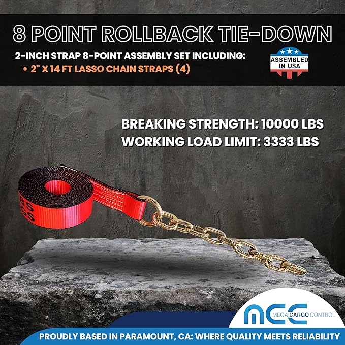 Mega Cargo Control Red Heavy Duty 8 Point Tie Down RollBack Tow Set with Ratchet Chain Extension - Side Mount Towing Straps for Flatbed, Truck, Trailer