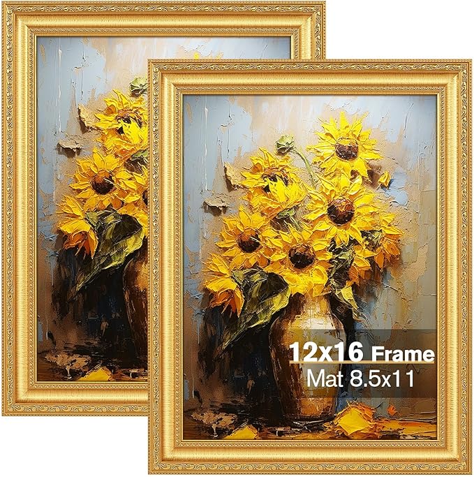 12x16 Gold Picture Frames Set of 2, Ornate Vintage 12 x 16 Photo Frames for Wall Decor or Tabletop Display, 16x12 Gold Frames with Real Glass, Display 8.5x11 Pictures with Mat or 12x16 without Mat for Antique Déco