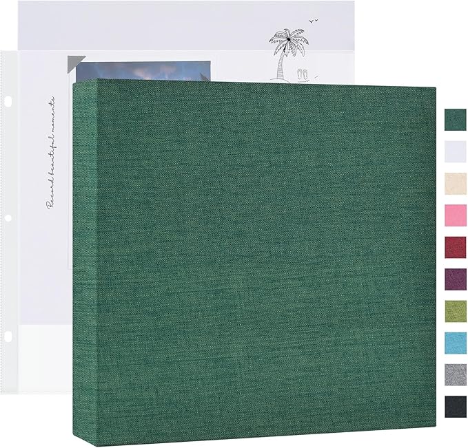Mublalbum 8x8 Inch Small 3 Ring DIY Scrapbook Photo Album with 20 Plastic Sleeves 40 Pages Linen Cover Folder Binder for Baby Travel Wedding Anniversary and DIY Projects (Dark Green)