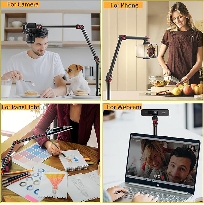 Overhead Camera Mount Desk Stand, 3-Section Flexible Detachable Articulating Arm with 1/4“ 3/8" 5/8" Screw&360° Ball Head, C-clamp Tabletop Mount for DSLR Camera/Webcam/Microphone/Lights