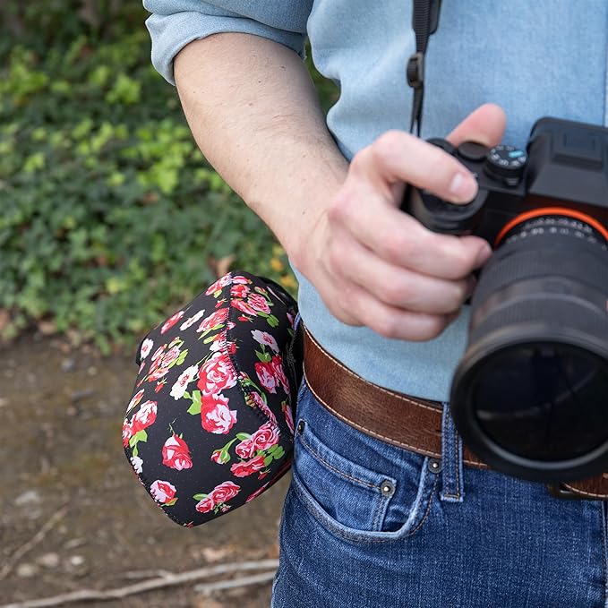USA Gear Camera Sleeve (Large) for Mid-Size SLRs Compatible with Sony A7 V, Canon EOS R6 Mark II, Nikon Z50II & more - Padded Neoprene DSLR Case with Zipper Accessory Pocket & Belt Loop (Floral)