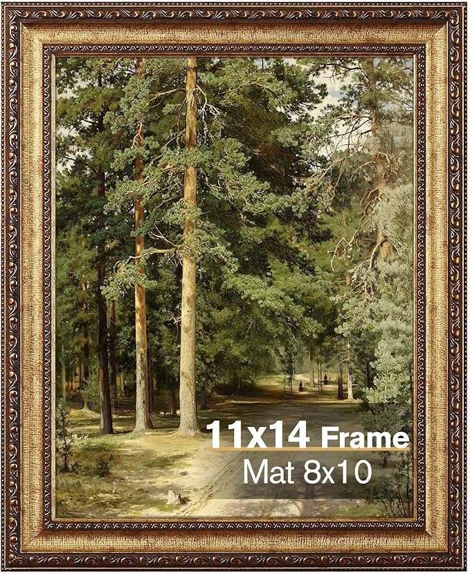 11x14 Gold Picture Frame, Ornate Vintage Picture Frames for Wall or Tabletop Display, 11 x 14 Photo Frame Gold with Real Glass, Display Poster 8x10 with Mat or 11x14 without Mat for Antique Déco