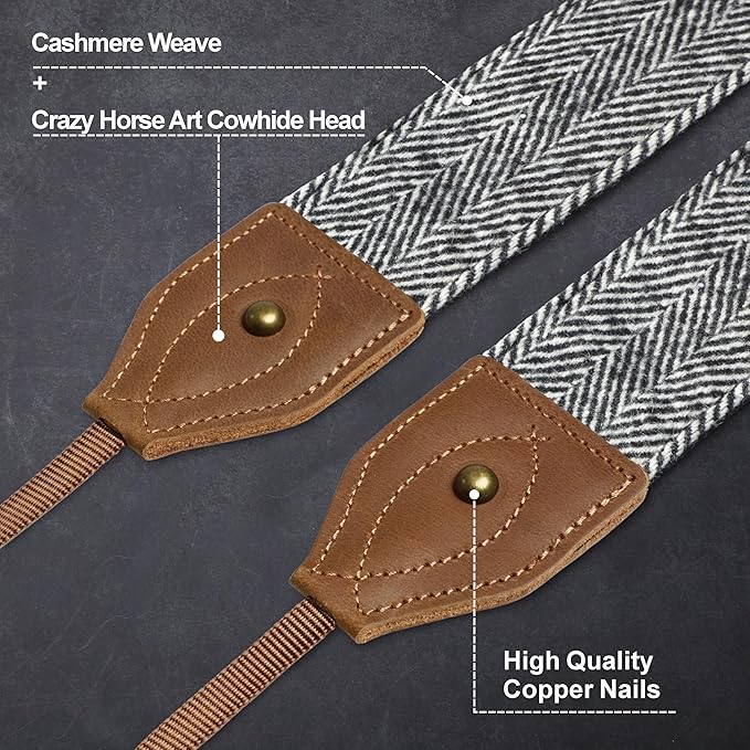 Padwa Lifestyle 2" Wide Classic Crazy Horse Art Cowhide Head Camera Strap - Black White Twill Cashmere Vintage Camera Straps for Photographers, Adjustable Shoulder & Neck Strap Fits All DSLR Cameras