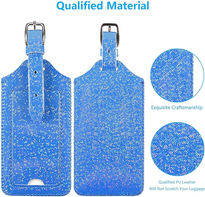 ACdream Luggage Tags 2 Pack, Leather Suitcase Tags Identifiers, Cute Cruise ID Labels with Privacy Cover fits on Backpack, Travel Bag, for Women, Men, Adults, Kids, Royal Blue Glitter