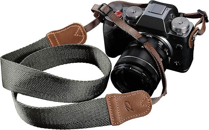 Olive Green Camera Strap,Double Layer top-grain Cowhide Ends,1.5"Wide Pure Cotton Woven Camera Strap,Adjustable Universal Neck & Shoulder Strap for All DSLR Cameras,Great Gift for Photographers