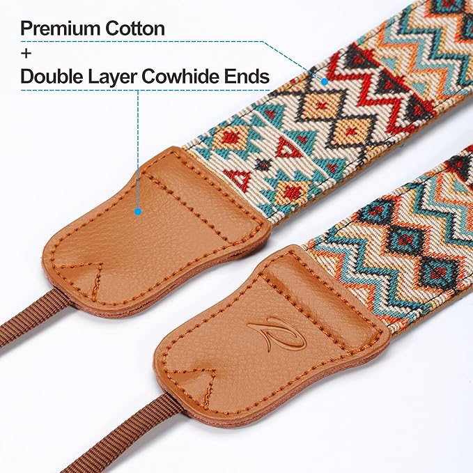 Padwa Lifestyle Cool Ethnic Style Apricot Camera Strap - 2"Cowhide Head Camera Straps for Photographers,Vintage Jacquard Embroidery Woven Cotton Adjustable Shoulder Neck Straps for Cameras,Binoculars
