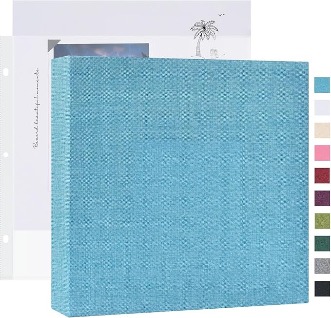 Mublalbum 8x8 Inch Small 3 Ring DIY Scrapbook Photo Album with 20 Plastic Sleeves 40 Pages Linen Cover Folder Binder for Baby Travel Wedding Anniversary and DIY Projects (Blue)