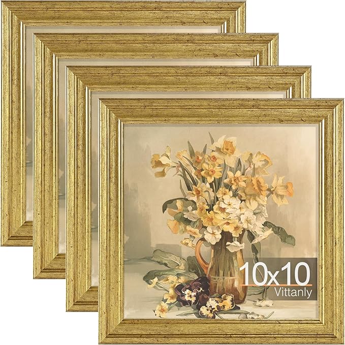 Vittanly 10x10 Picture Frame Set of 4, Vintage Photo Frame for Wall or Tabletop, Display 8x8 Pictures with Mat or 10x10 without Mat, Rustic Farmhouse Home Decor, Gold