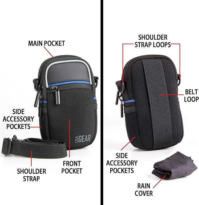USA Gear Compact Camera Case Point & Shoot Camera Bag with Accessory Pockets, Rain Cover & Shoulder Strap Works W/Sony CyberShot, Canon PowerShot ELPH, Nikon COOLPIX, Olympus & More