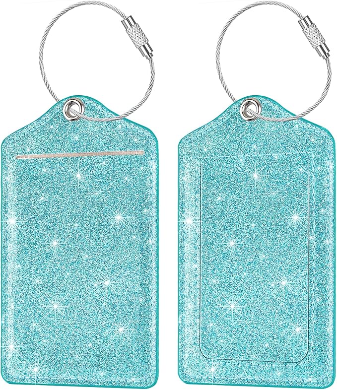 (Set of 2) Luggage Tag Leather Privacy Cover ID Label Address Card with Stainless Steel Loop, Travel Bag Tags Suitcase Labels, Blue Green Glitter