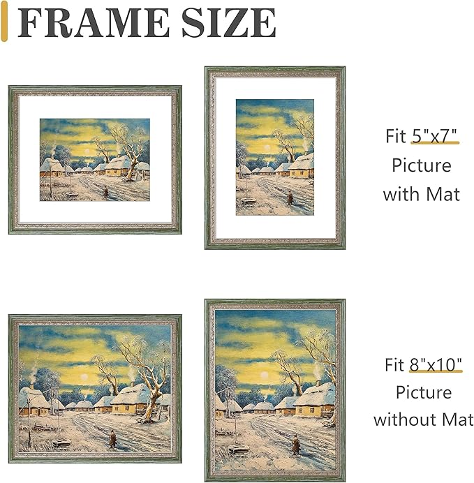 VIOLABBEY 8x10 Picture Frame Green Gold, Display 5x7 Photo with Mat or 8x10 without Mat, Ornate Vintage 8 x 10 Frame for Wall Decor or Tabletop Display, Green Gold